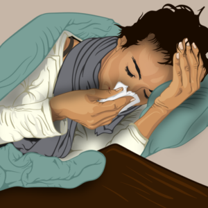 Illustration of a lady laying on her side blowing her nose
