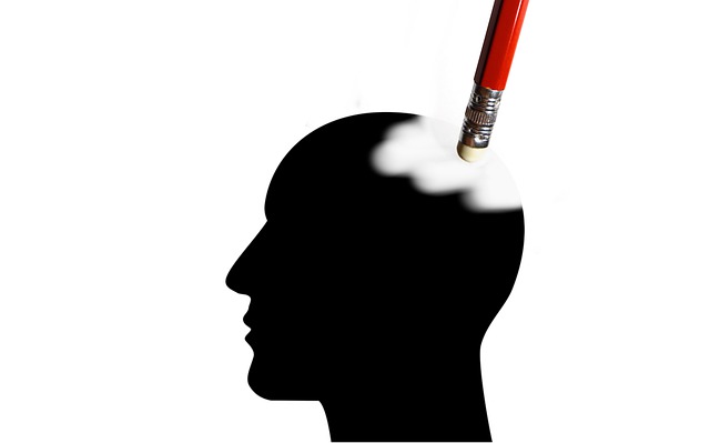 Illustration of a black profile of a head with a pencil eraser erasing the vertex