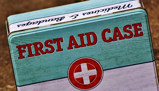 A painted metal case with First Aid Case on the side