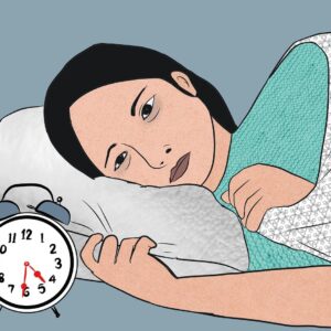 Illustration of a woman awake with an analog clock saying 4:30