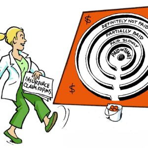 Lady in lab coat throwing a ball at a target with labels of insurance pay