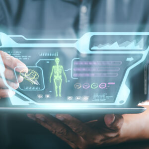 Person holding a virtual screen showing medical information