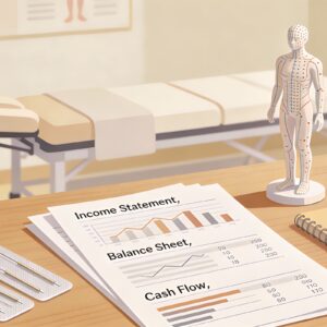 Desk with financial papers and an acupuncture model on it and a massage table in the background